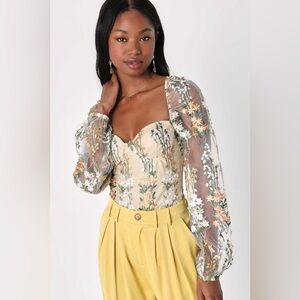 Lulus Beige Floral Embroidered Mesh Long Sleeve Bodysuit XL NWT